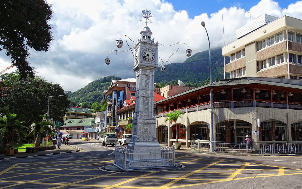 The clock tower in downtown Victoria, Seychelles